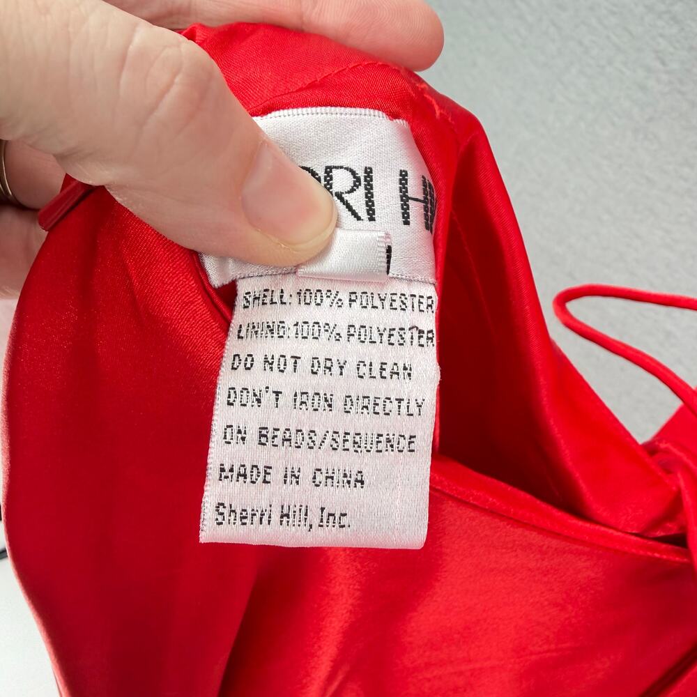 Sherri Hill Red Satin Strappy Lace Up Back Valentines A-Line Formal Prom Dress - Picture 13 of 13